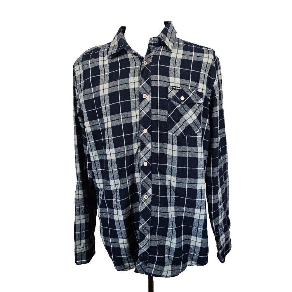 Volcom Button Down Flannel Shirt Mens XL Blue White Plaid Check Long Sleeve